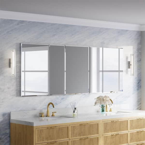 BEV 84 in. W x 30 in. H Rectangular Aluminum Tri-View Modular Medicine Cabinet with Beveled-Edge Mirror, BLUM Soft-Close