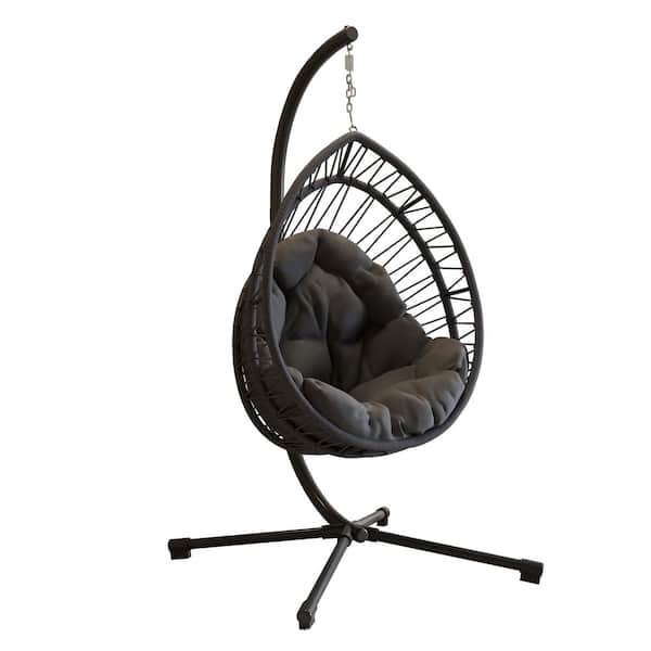 Black Metal Patio Swing with Gray Cushion with Stand