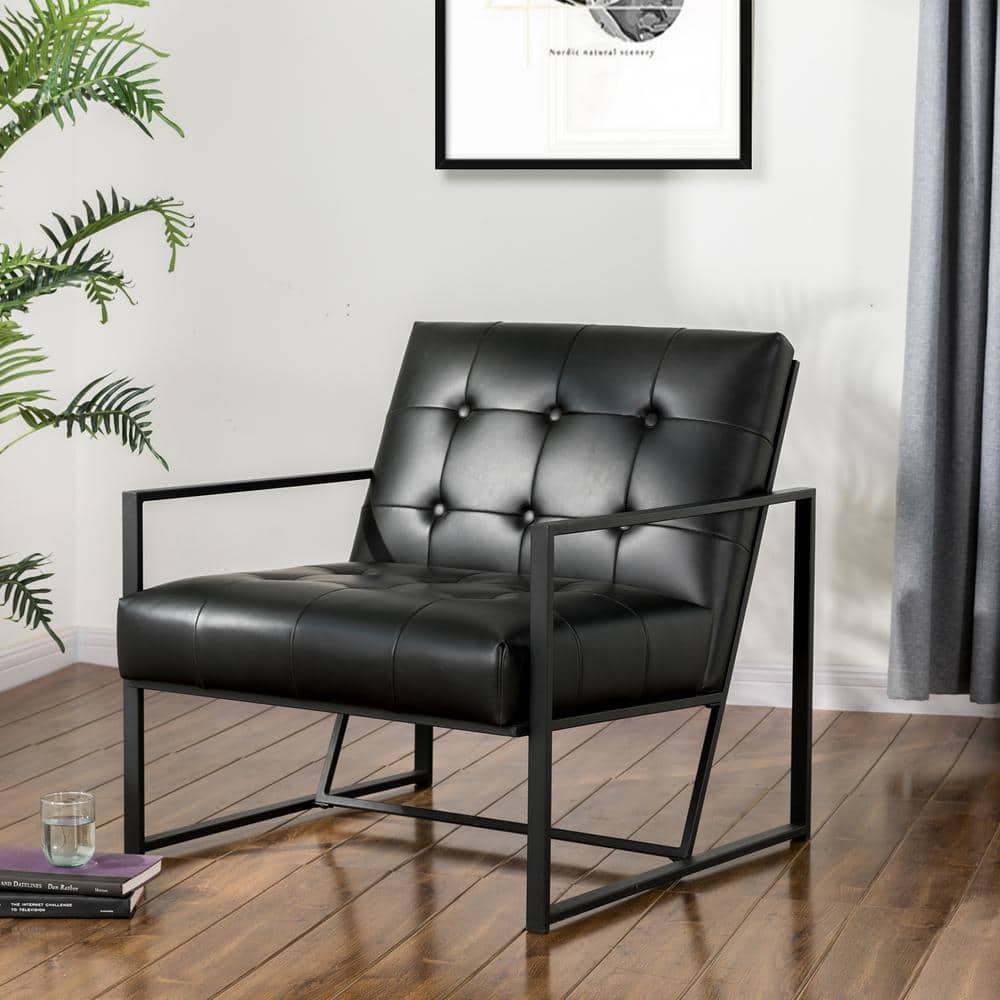 Modern Black Faux Leather Accent Chair with Metal Frame