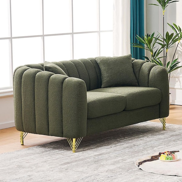 Iliana Modern 63 in. Round Arms Upholstered Chenille Rectangle 2-Seater Tufted Sofa in Green with Pillows