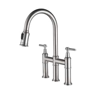 Double Handle Bridge Kitchen Faucet in Brushed Nickel with Pull-Down Spray Head