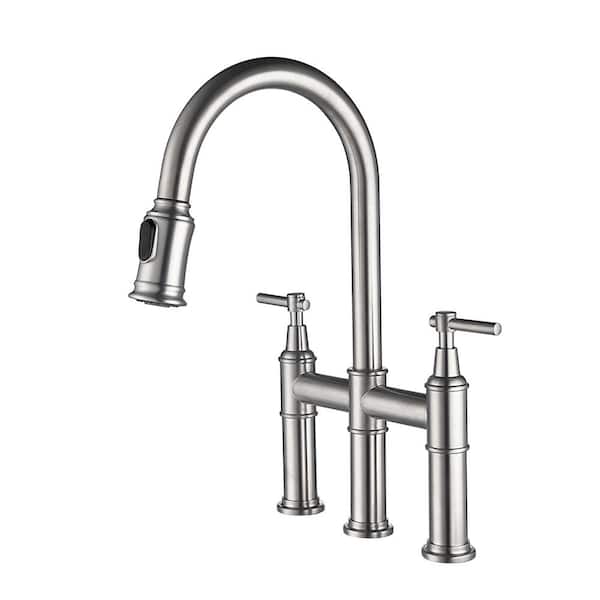LORDEAR Double Handle Bridge Kitchen Faucet in Brushed Nickel with Pull-Down Spray Head