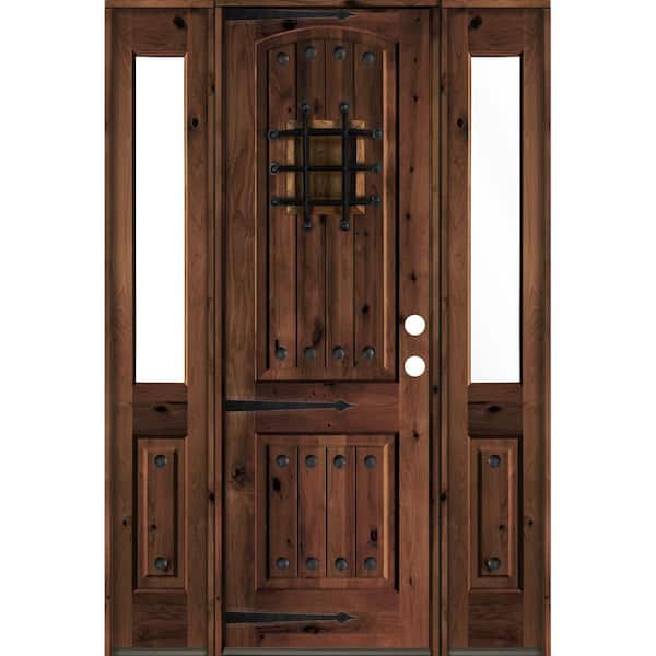 Krosswood Doors 58 in. x 96 in. Medit. Knotty Alder Left-Hand/Inswing Clear Glass Red Mahogany Stain Wood Prehung Front Door w/DHSL