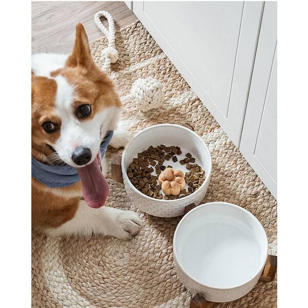 Dual Ceramic Dog Bowls with Acacia Wood Stand 1.5-Cup Capacity Non