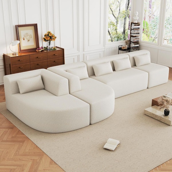 57.5 in. Boucle Fabric Free-Combined Sectional Sofa in Beige with 5 Pillows
