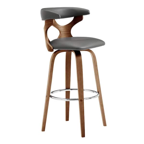 Armen Living Zenia 30 in. Bar Height High Back Swivel Bar Stool in Grey Faux Leather and Walnut Wood