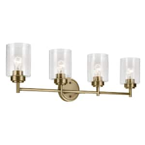 Winslow 30 in. 4-Light Natural Brass Contemporary Bathroom Vanity Light with Seeded Glass Shade