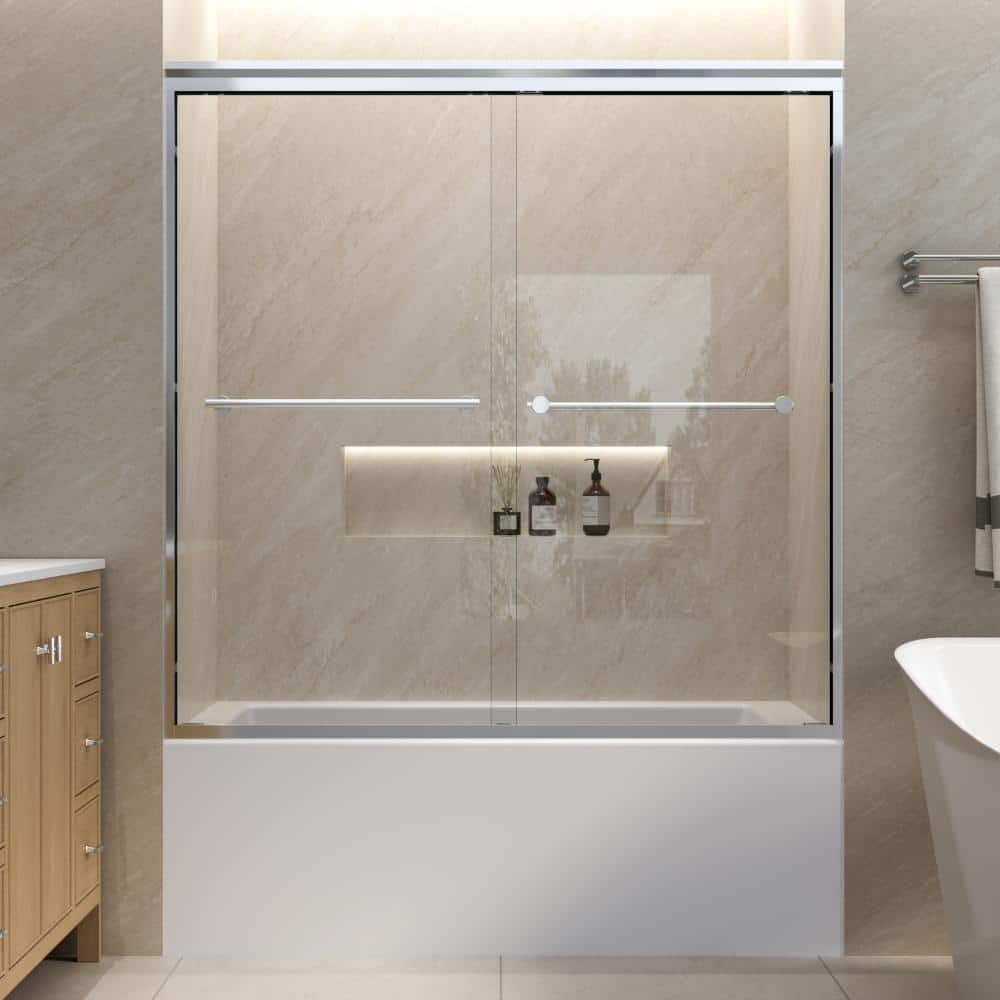"56-60 in. W x 60 in. H Double Sliding Framed Shower Door in Chrome with 1/4""(6 mm) Clear Tempered Glass, Towel Bar" price history on PriceWatchPro