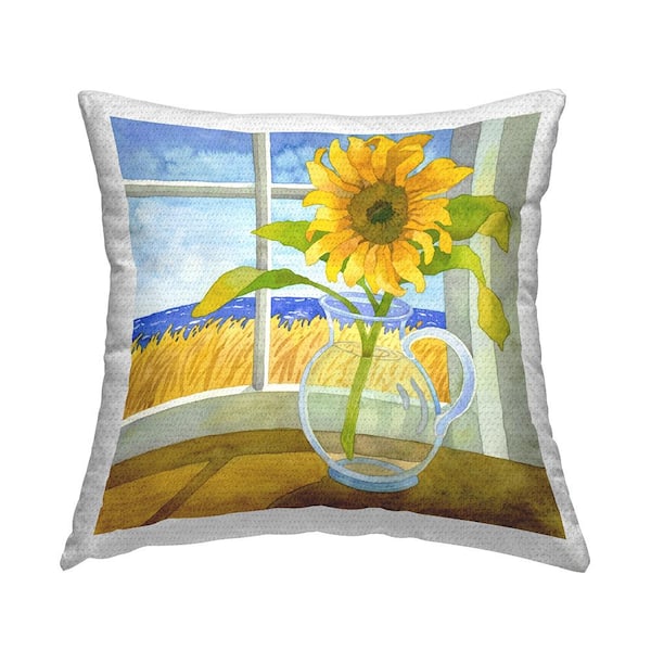 Stupell Industries Sunflower Vase in Beach Window Blue Square Outdoor Throw Pillow