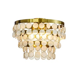 4-Light 17.7 in. Round Coastal Capiz Tiered Flush Mount Ceiling Light With Antique Gold Metal And Natural Seashell