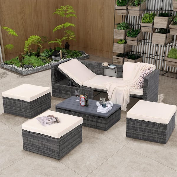 Unbranded 5-Piece Seasonal PE Wicker Outdoor Sectional Set with Beige Cushions and Lift Coffee Table