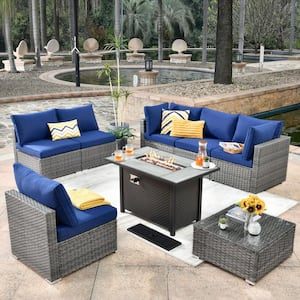 Messi Gray 8-Piece Wicker Outdoor Patio Conversation Sectional Sofa Set with a Metal Fire Pit and Navy Blue Cushions