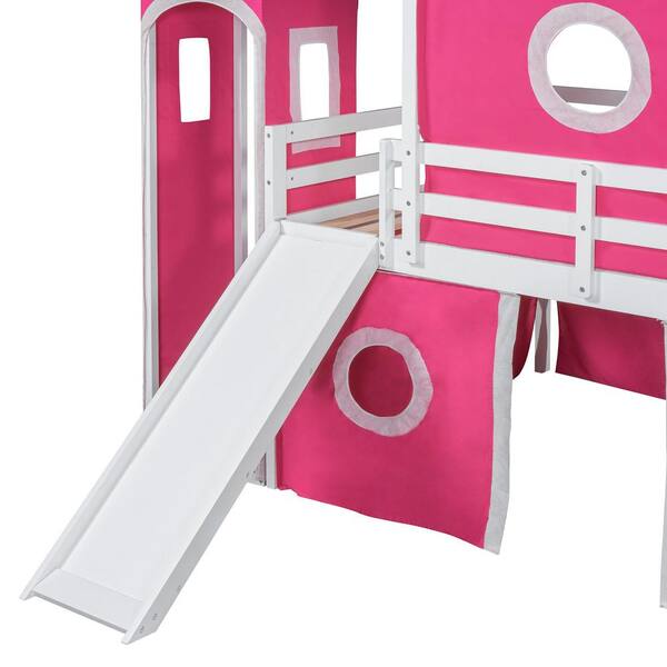 Polibi Full Size Bunk Bed with Slide Pink Tent and Tower - Pink RS