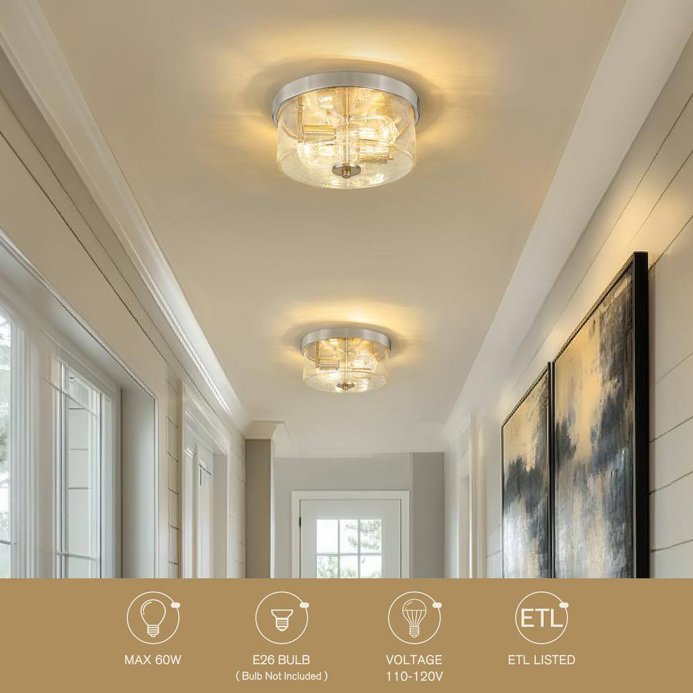 Brushed Nickel 2-Light Round Flush Mount with Seeded Glass Shade