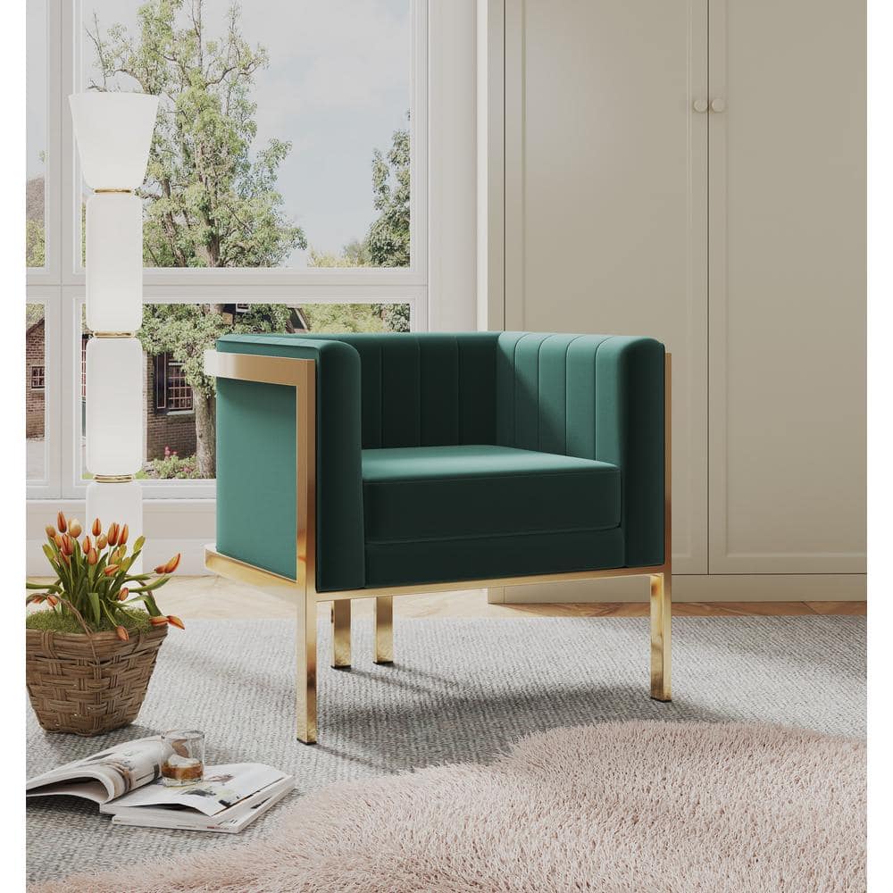 Art Deco Blue Velvet & Polished Brass Geometric Accent Chair