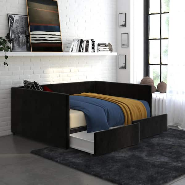 Mya Upholstered Black Velvet Full Size Daybed with Storage