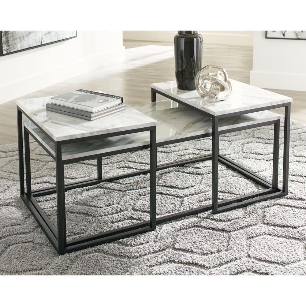 Contemporary Black Metal Frame Rectangular Marble Top 3-Piece Table Set
