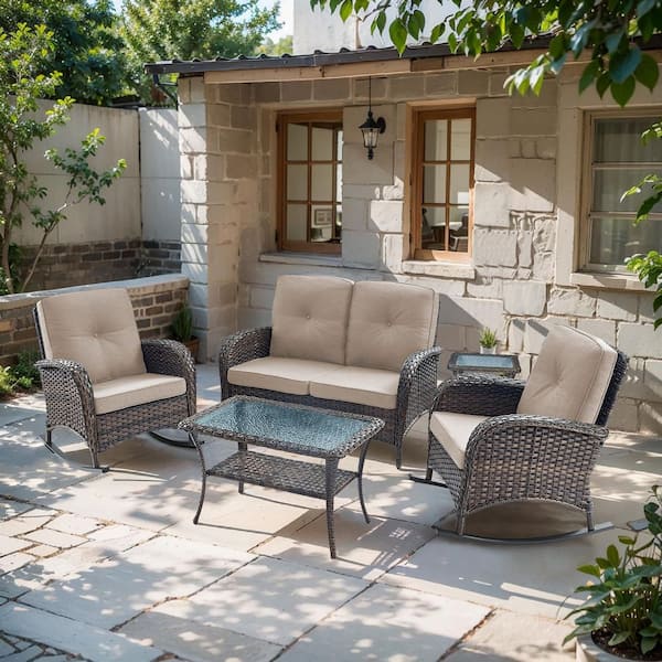 SleekArm 5-Piece Brown Wicker Patio Conversation Set with Olefin Beige Cushion/Loveseat with Rocking Chairs