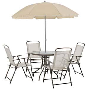 6-Piece Metal Round Outdoor Dining Furniture Set and Umbrella with 4-Folding Dining Chairs and Glass-Top Dinner Table