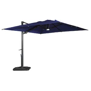 10 ft. Square Aluminum Cantilever Outdoor Tilt Patio Umbrella in Navy Blue with Bluetooth LED Light Base Weight Stand