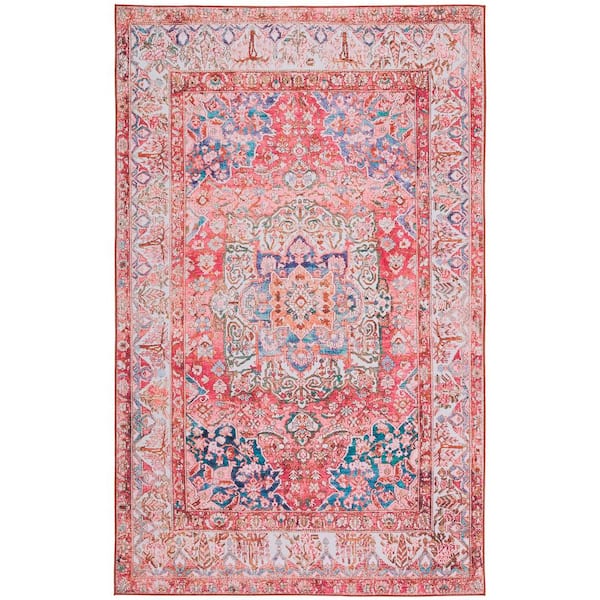 Tuscon Rose/Beige 9 ft. x 12 ft. Machine Washable Floral Border Area Rug