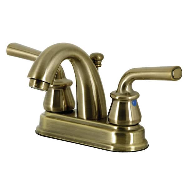 Kingston Brass Restoration 4 in. Centerset 2-Handle Bathroom Faucet with Plastic Pop-Up in Antique Brass