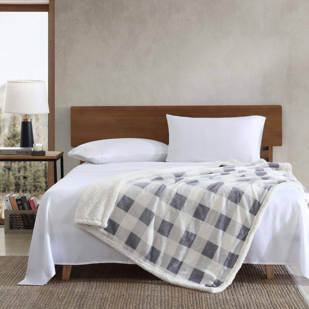 Mountain Plaid Grey Reversible Sherpa Fleece Throw Blanket
