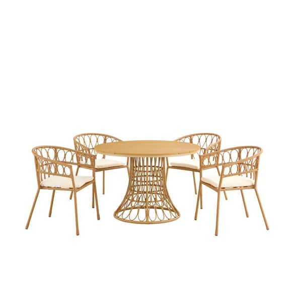 Unbranded 5-Piece Simple Bamboo Round Outdoor Dining Set 4-Person Outdoor PE
