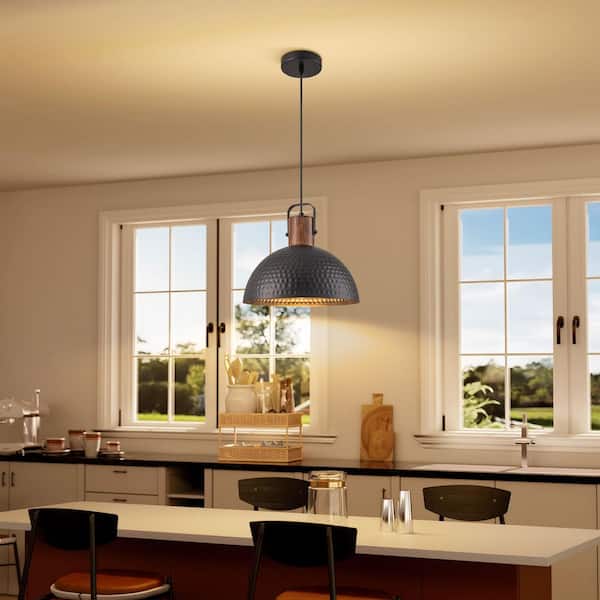 Industrial Pendant Light – 15.8” Hammered Metal Shade With Rubber Wood Top, Black & Brass Finish, Adjustable Cord, E26 Socket, 60W Max, For Kitchen Island, Dining Room, Living Room