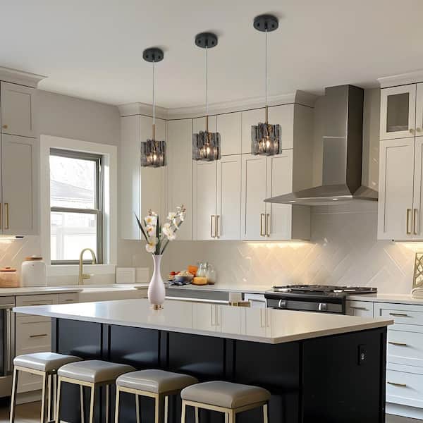 Echonalyri Modern Black Pendant Light 1-Light Glam Brass Accent Island Mini Pendant with Gray Textured Glass Shade