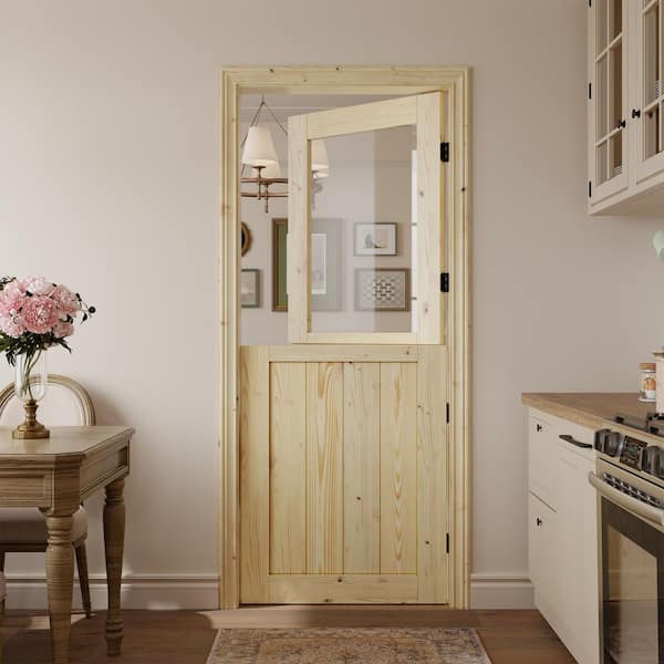 30 in. X 80 in. 2 Panel Solid Core 1-Lite Clear Glass Light Brown Unfinished Spruce Dutch Door Interior Door Slab