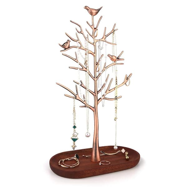 4 in. D x 7 in. W x 11.8 in. H Branch Jewelry Rack with Wood Tray, Tree Tower Rack Hanging Organizer, Antique Copper