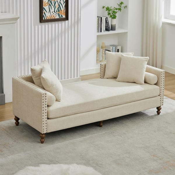 Victoria Chenille Upholstered Rectangle Sofa in Beige with Nailheads, 4 Pillows, 2 Bolsters, Gourd Wood Legs