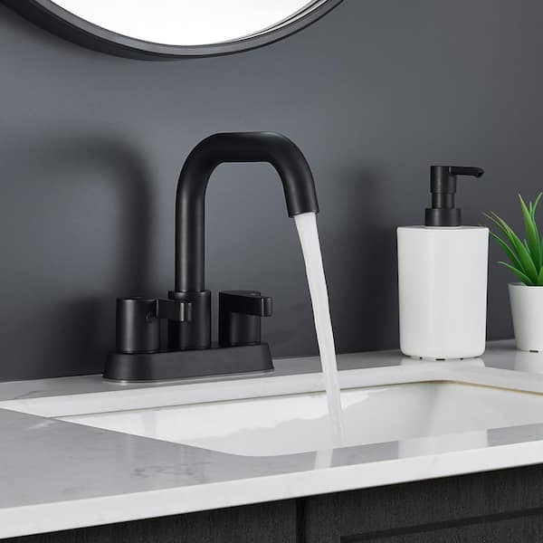 Staykiwi 4 in. Centerset Double Handle Mid Arc Bathroom Faucet with Drain Kit Included in Matte Black
