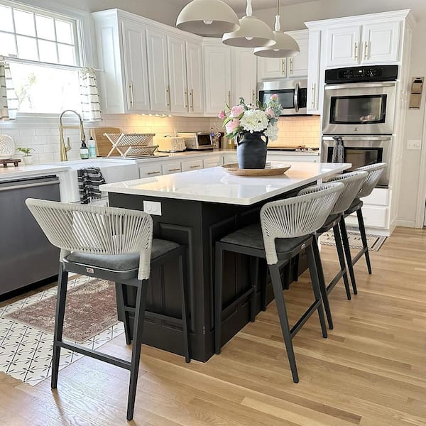 PURPLE LEAF Modern Aluminum Low Back Rattan Counter Height Outdoor Bar Stool with Backrest and Dark Gray Cushion (2-Pack)