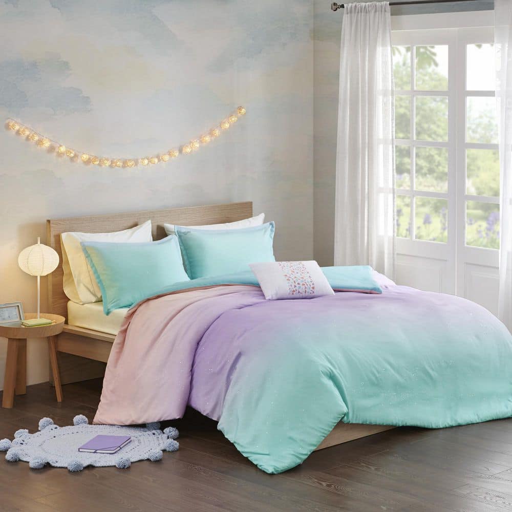 Full/Queen Aqua and Pastel Purple Ombre Glitter Duvet Cover Set