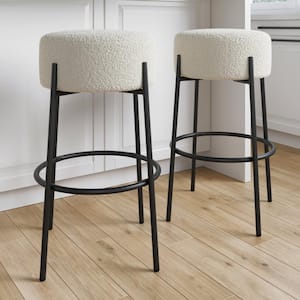 Isaac 29 in. Modern Backless Bar Stool with Padded Boucle Seat and Metal Mid-Century Base, Boucle White/Black, Set of 2