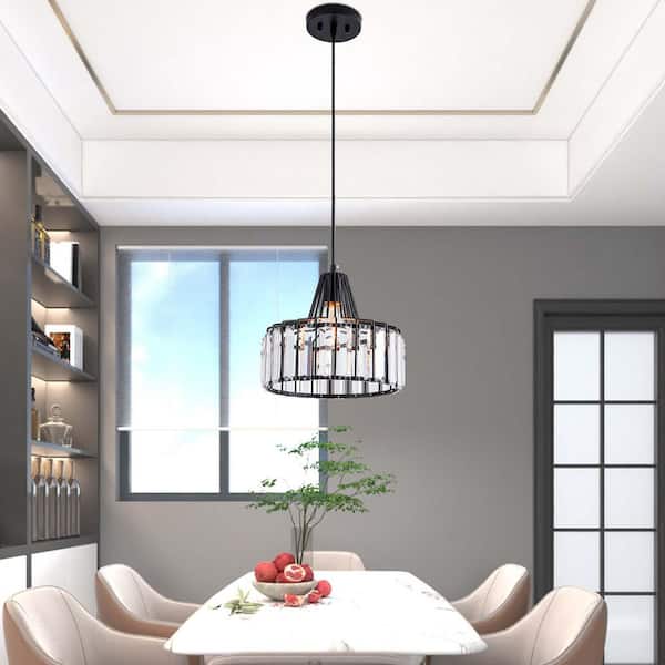 1-Light 10.6 in. Black Crystal Modern Lantern Dimmable Pendant Dining Kitchen Ceiling Lights Foyer Bedroom Lighting