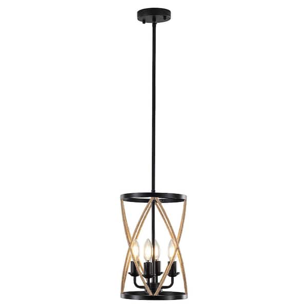 Industrial 40-Watt 4 Light Black Farmhouse Lanter Pendant Light with Woven Decoration