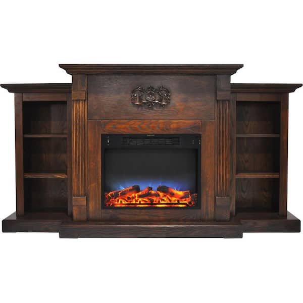 Cambridge Sanoma 72 in. Electric Fireplace in Walnut with Built-in Bookshelves and a Multi-Color LED Flame Display