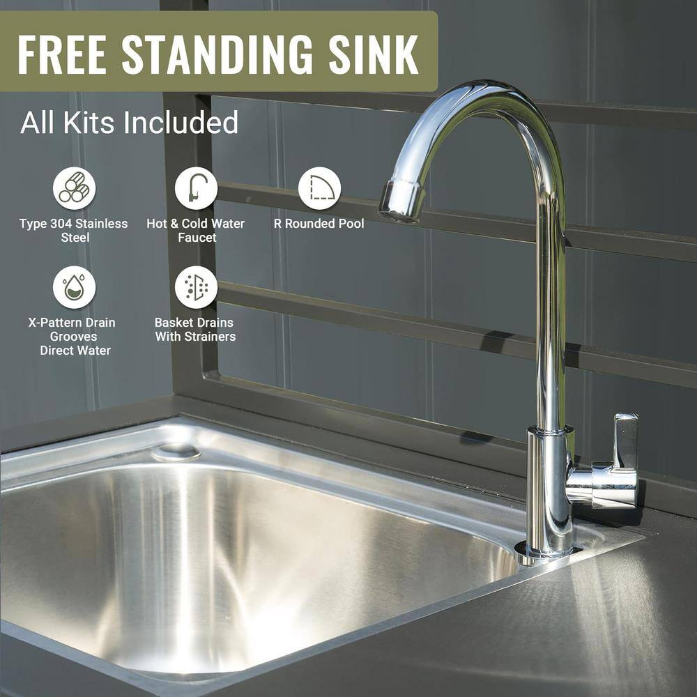 Gray Aluminum Outdoor Kitchen Island with Sink and Storage