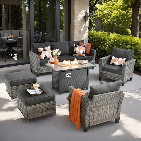XIZZI Flora 6-Piece Wicker Patio Rectangle Fire Pit Conversation Set with Black Cushions