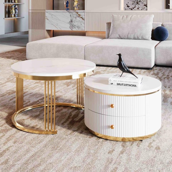 27.6 in. Gold/White Round MDF Coffee Table with Drawers