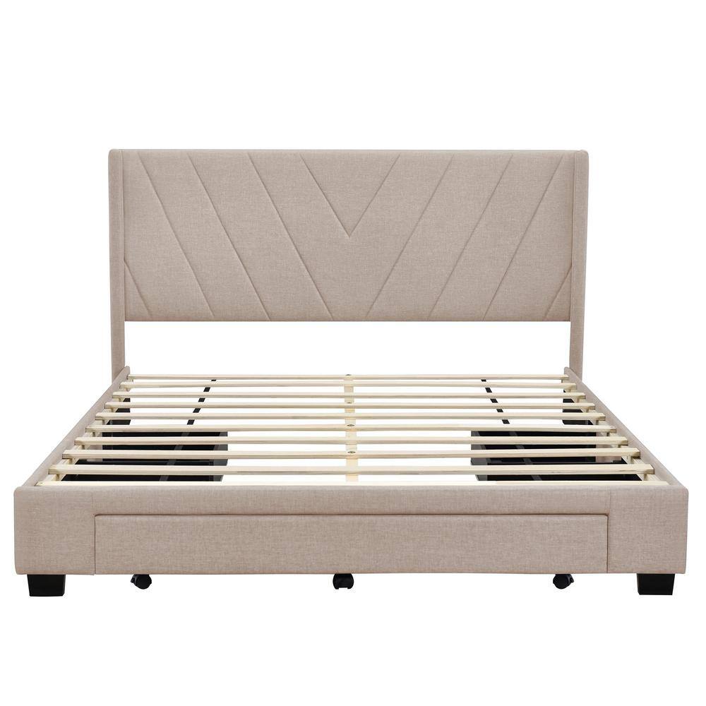 Beige Linen Upholstered Queen Platform Bed with Storage Drawers