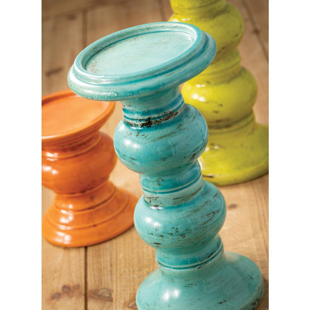 Colorful Ceramic Pillar Candle Holders with Bubble Stem, Set of Three