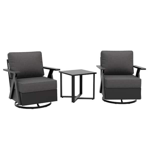 3-Piece Black Aluminum Swivel Outdoor Rocking Chair with Gray Cushion, Patio Conversation Set with Coffee Table