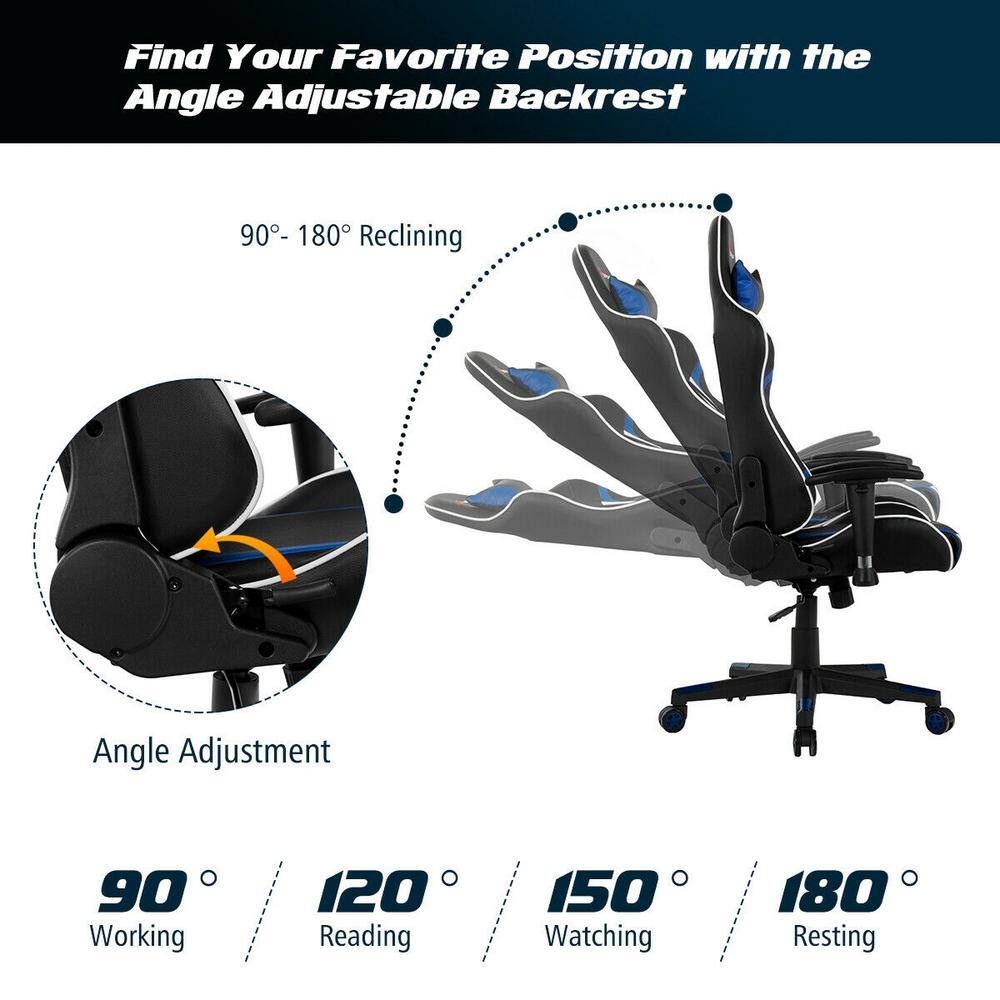 Blue and Black Faux Leather Ergonomic Gaming Chair with Adjustable Arms