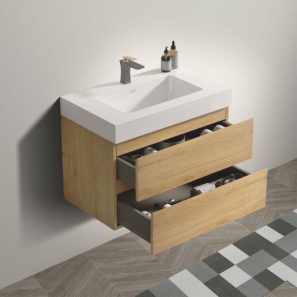 NOBLE 30 in. W x 18 in. D x 25 in. H Single Sink Freestanding Bath Vanity in Oak with White Solid Surface Integral Top