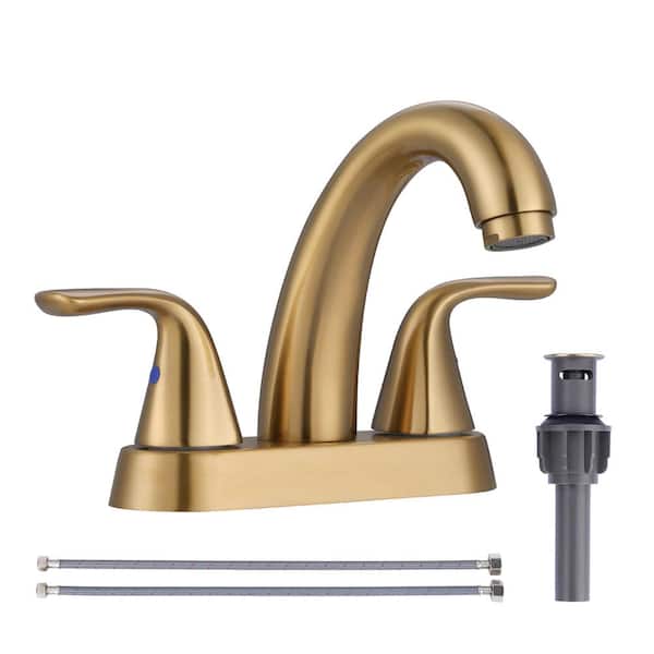IVIGA 4 in. Centerset Double Handle High Arc Bathroom Faucet with Drain Kit, 2-Aerators and Supply Lines in Gold