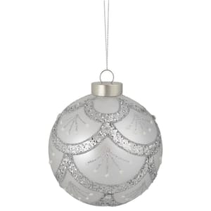 4 in. Glittered Cosmoid Silver Glass Christmas Ball Ornament